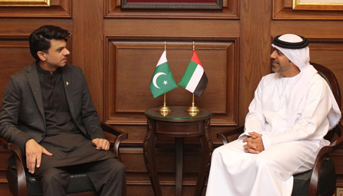 SAPM Jawad Sohrab Malik (left) meets UAE Ambassador Hamad Obaid Ibrahim Salem Al-Zaabi in Islamabad, on March 17, 2023. — Photo by author