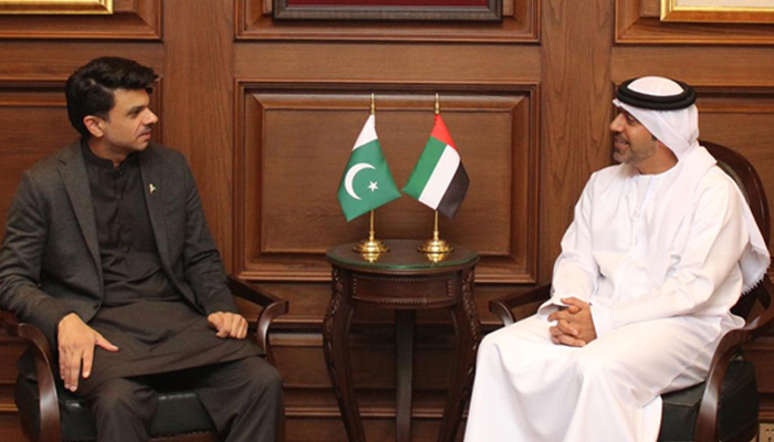 SAPM Jawad Sohrab Malik (left) meetsUAE Ambassador Hamad Obaid Ibrahim Salem Al-Zaabi in Islamabad, on March 17, 2023. — Photo by author