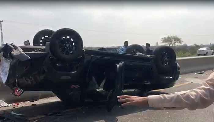 Vehicles in Imran Khan's convoy crashes near Kallar Kahar, on March 18, 2023, in this still taken from a video. Geo.tv/Jawad Malik