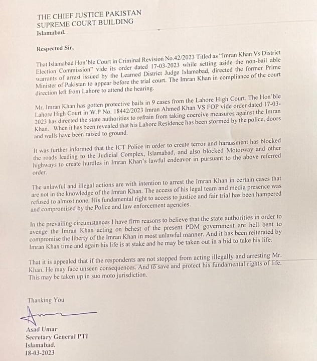 Asad Umar's letter to Chief Justice Umar Atta Bandial dated 18 March 2023.  — Photo by author