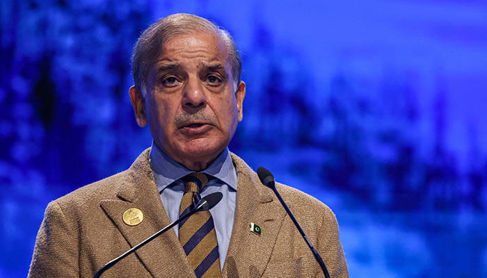 Prime Minister Shehbaz Sharif delivers a speech at the leaders summit of the COP27 climate conference at the Sharm el-Sheikh International Convention Centre, in Egypts Red Sea resort city of the same name, on November 8, 2022. — AFP