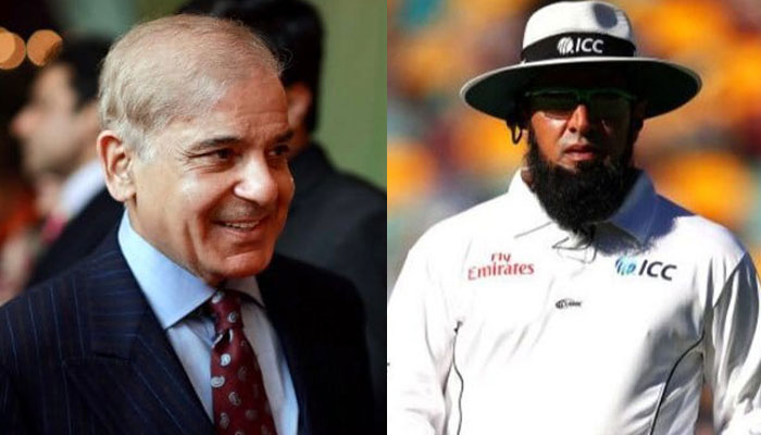 Prime Minister Shehbaz Sharif (L) and Eminent umpire Aleem Dar (R). APP/AFP/File