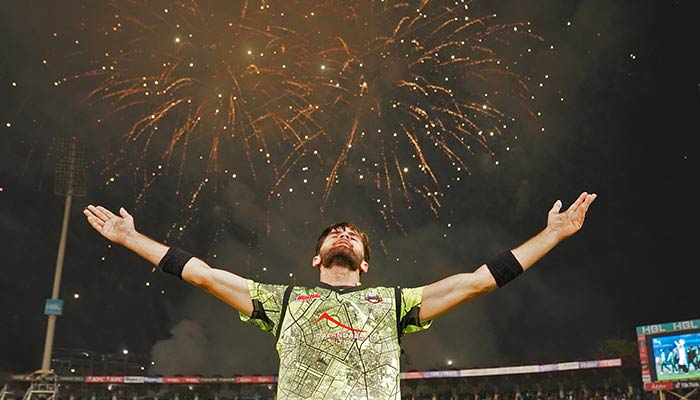 Lahore Qalandars skipper Shaheen Shah Afridi gestures after his side won the PSL title for the second time after beating Multan Sultans in Lahore, on March 18, 2023. — Twitter/@thePSLt20