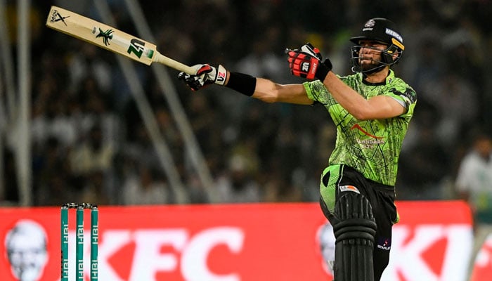 Lahore Qalandars Shaheen Shah Afridi plays a shot during the PSL T20 cricket final match between Lahore Qalandars and Multan Sultans at the Gaddafi Cricket Stadium in Lahore on March 18, 2023. — AFP