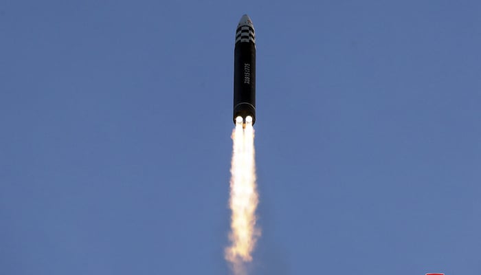 North Korean Hwasong-17 intercontinental ballistic missile (ICBM) in the air, on March 16, 2023. — AFP