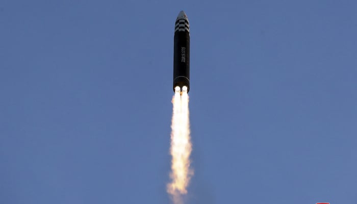 North Korean Hwasong-17 intercontinental ballistic missile (ICBM) in the air, on March 16, 2023. — AFP