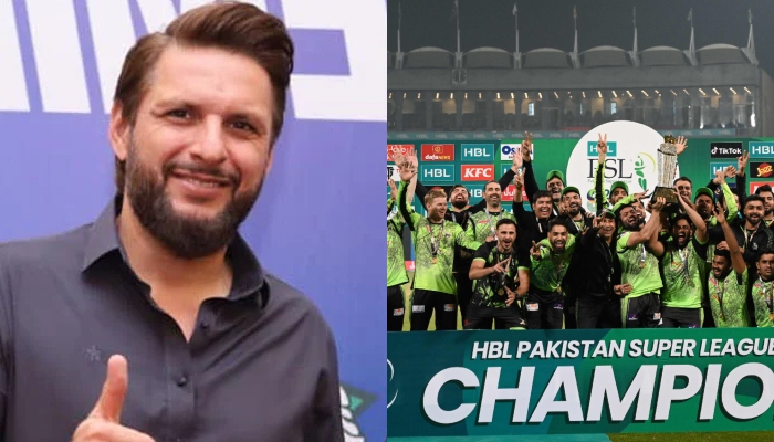 Former Pakistan skipper Shahid Afridi (L) and Lahore Qalandars team (R). — Facebook/AFP