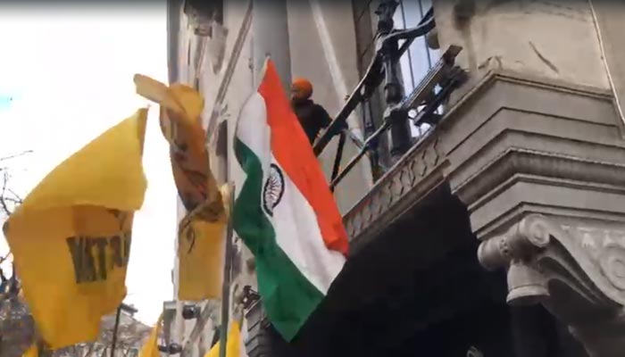 Pro-Khalistan Sikh activists replaced the Indian flag with the Khalistan flag at London High Commission in this still taken from a video shared by the author. — by author