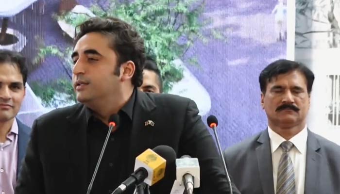 Screengrab of Pakistan Peoples Party (PPP) Chairman Bilawal Bhutto-Zardari speaks during the foundation-stone laying ceremony of the Zulfikar Ali Bhutto Institute of Cardiovascular Disease in Korangi, Karachi on March 20, 2023. — Twitter/@MediaCellPPP