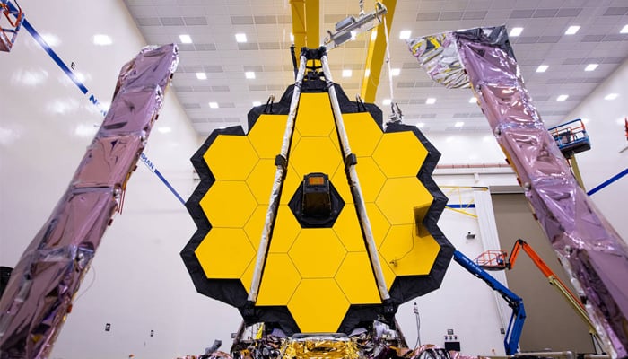The fully assembled James Webb Space Telescope with its sun shield and unitised pallet structures will fold up around the telescope for launch. — NASA/File