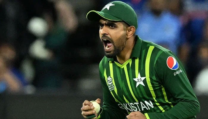 Pakistans Captain Babar Azam celebrates the catch of Indias Hardik Pandya in the final over during the ICC mens T20 World Cup 2022 cricket match between India and Pakistan at Melbourne Cricket Ground (MCG) in Melbourne on October 23, 2022.— AFP/File