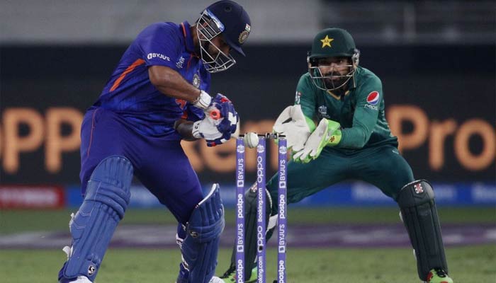 Indias Rishabh Pant hits a four during a match between India and Pakistan in the ICC Mens T20 World Cup 2021. — Reuters
