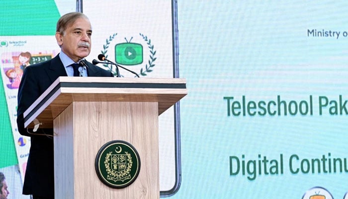 Prime Minister Shehbaz Sharif addresses the launching ceremony of Teleschool Pakistan mobile phone application, Google for Education and Digital Continuous Professional Development in Islamabad on March 21, 2023. — PID