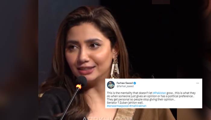 Screengrab of Mahira Khan during the event An Evening with Mahira Khan at the Arts Council, Karachi on March 19 with Farhan Saeed critcising the PML-N senator who made a derogatory comment against MAhira and Anwar Maqsood. — Twitter/@ACPKHI