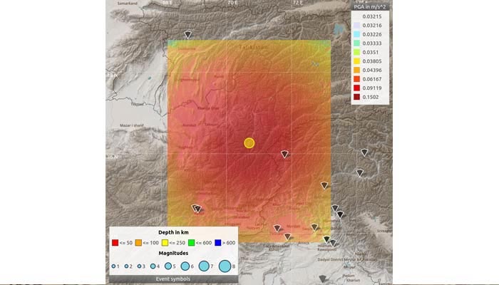 A screengrab of maps showing parts that were hit by the 6.8 magnitude earthquake on March 24, 2023. — National Seismic Monitoring Centre.