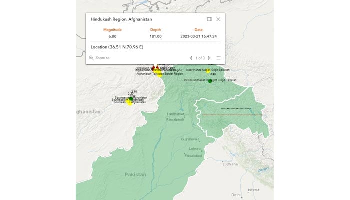 24 مارچ 2023 کو 6.8 شدت کے زلزلے سے متاثر ہونے والے حصوں کو دکھاتے ہوئے نقشوں کی اسکرین گریب۔ — Twitter/@pmdgov