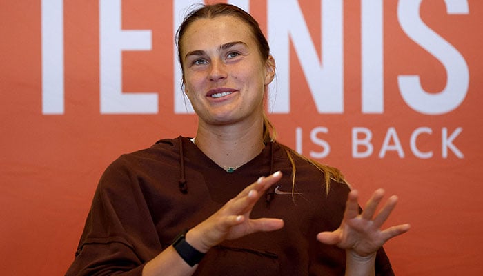 Aryna Sabalenka of Belarus fields questions from the media during the Miami Open at Hard Rock Stadium on March 21, 2023 in Miami Gardens, Florida. AFP