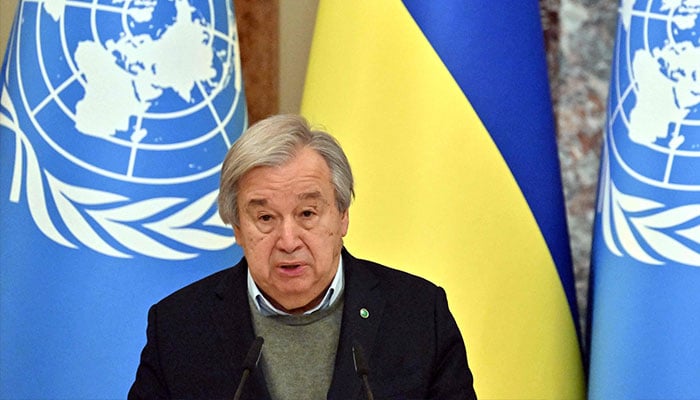 United Nations Secretary-General Antonio Guterres gives a press conference following talks with Ukrainian president in Kyiv on March 8, 2023. —AFP