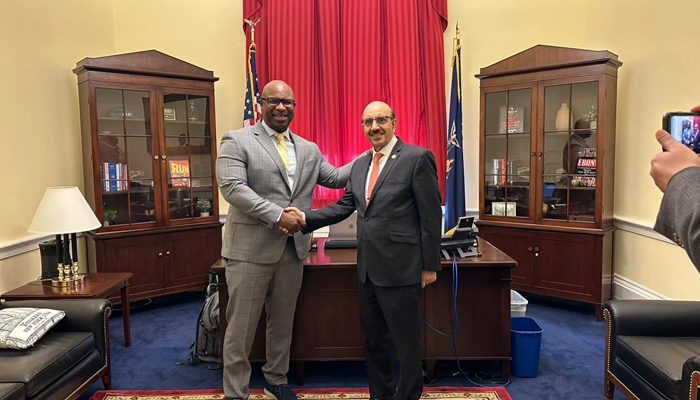 Congressman Jamaal Bowman while meeting with  Pakistans Ambassador to the US, Masood Khan on March 22, 2023. — Radio Pakistan