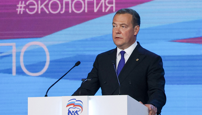 Deputy Head of Russias Security Council and Chairman of the United Russia political party Dmitry Medvedev delivers a speech during a United Russia ruling partys congress in Moscow. — AFP/File
