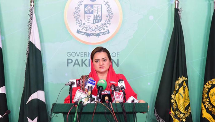 Information Minister Marriyum Aurangzeb addressing a press conference. — PID/File