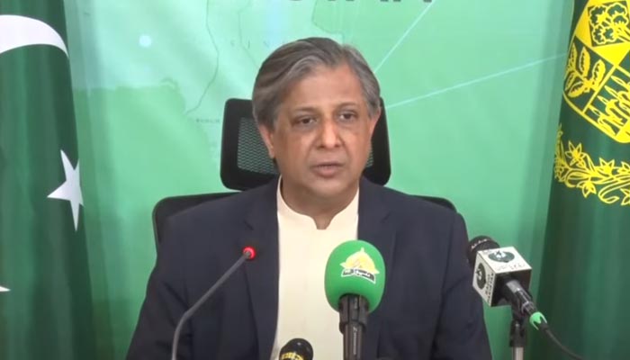 Law Minister Azam Nazeer Tarar addressing a press conference on March 23, 20223, in this still taken from a video. — Twitter/PTVNews