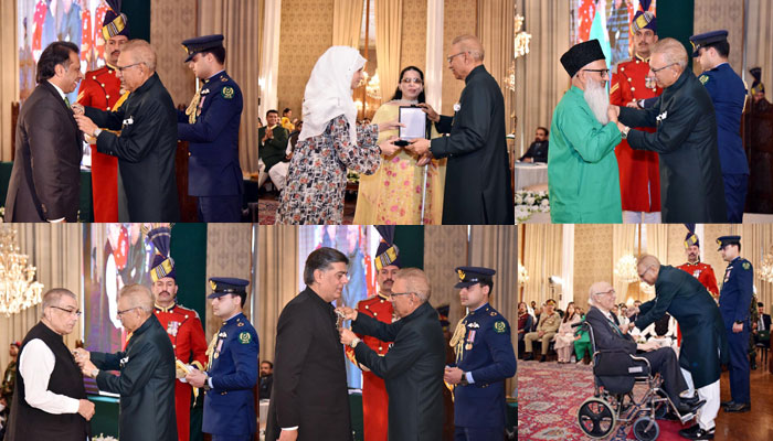 (From top left) President Arif Alvi confers civil awards on Jahangir Khan, Saima Saleem, Ramzan Chippa, Mujib Ur Rahman, Sardar Ahmad Nawaz Sukhera and Sartaz Aziz. — PID