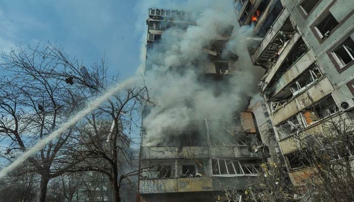 A residential building damaged by a Russian missile strike, amid Russias attack on Ukraine, in Zaporizhzhia, Ukraine March 22, 2023. Reuters