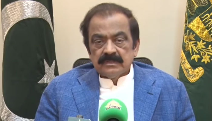 Interior Minister Rana Sanaullah addresses a press conference on March 23, 2023, in this still taken from a video. — YouTube/PTVNews