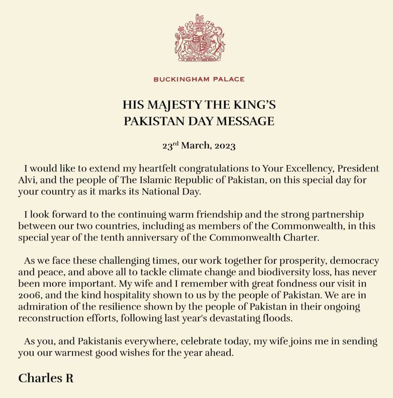 Pakistan Day: King Charles talks about great 2006 visit in letter to Dr Arif Alvi