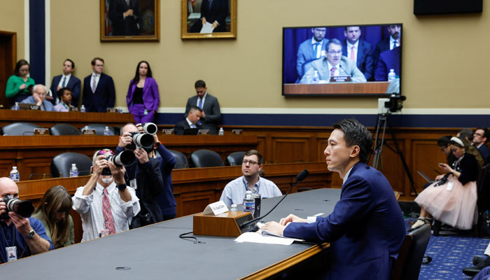 TikTok Chief Executive Shou Zi Chew is photographed as he testifies before a House Energy and Commerce Committee hearing entitled TikTok: How Congress can Safeguard American Data Privacy and Protect Children from Online Harms, as lawmakers scrutinise the Chinese-owned video-sharing app, on Capitol Hill in Washington, US, March 23, 2023. — Reuters