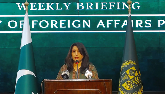 Foreign Office spokesperson Mumtaz Zahra Baloch briefing the press in Islamabad on March 24, 2023. — Screengrab/Ministry of Foreign Affairs Islamabad