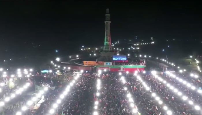 An overview of the PTI jalsa underway at Lahores Minar-e-Pakistan, on March 25, 2023, in this still taken from a video. — GeoNews