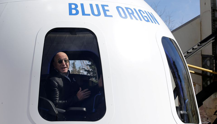 Amazon and Blue Origin founder Jeff Bezos addresses the media about the New Shepard rocket booster and Crew Capsule mockup at the 33rd Space Symposium in Colorado Springs, Colorado, United States. — Reuters/File
