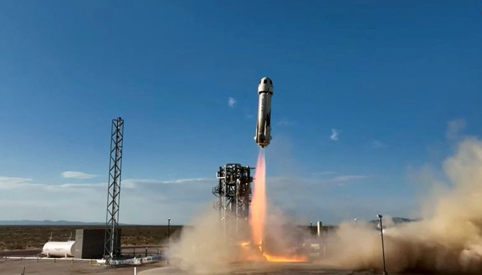 Jeff Bezos space tourism venture Blue Origin launches its fifth crewed capsule mission from its base near Van Horn, Texas, US on June 4, 2022, in a still image from video. — Reuters