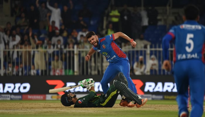 Naveen-ul-Haq knocked over Saim Ayub, Afghanistan vs Pakistan first T20I, Sharjah, March 24, 2023. — Afghanistan cricket