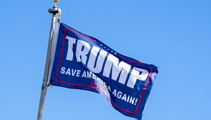 A Trump flag ahead of former US President Donald Trump´s 2024 election campaign rally in Waco, Texas, March 25, 2023. Trump is holding the rally at the site of the deadly 1993 standoff between an anti-government cult and federal agents.