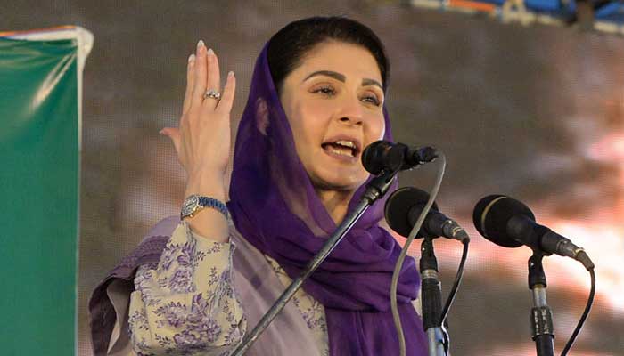 PML-N Senior Vice-President and Chief Organiser Maryam Nawaz addresses a public gathering at the Al-Fatah Ground in Faisalabad on March 10, 2023. — Online