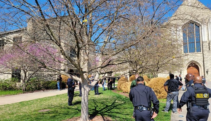 This image shows officers responding to a Nashville shooting at Covenant School, Covenant Presbyterian Church, in Nashville, Tennessee on March 27, 2023. — AFP