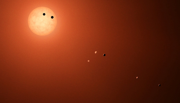 This illustration shows TRAPPIST 1 system as they might look as viewed from Earth using a fictional, incredibly powerful telescope. — NASA/File