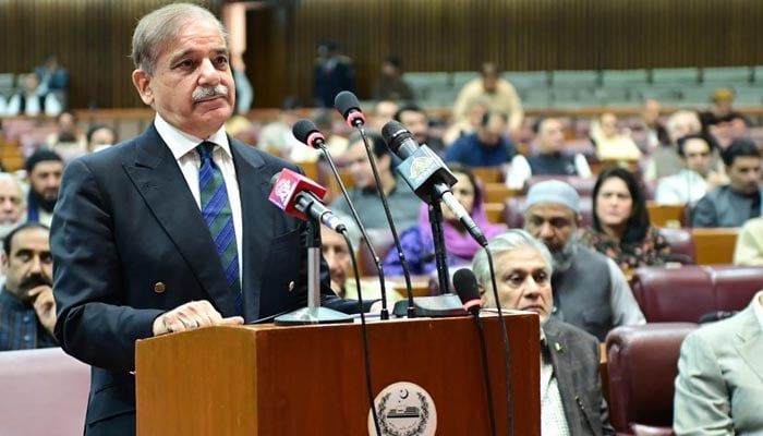 Prime Minister Shehbaz Sharif addresses the National Assembly session in Islamabad on March 28, 2023. — PID
