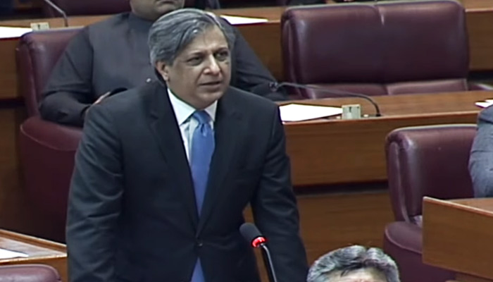 Law Minister Azam Nazeer Tarar speaks on the floor of the parliament in Islamabad, on March 28, 2023, in this still taken from a video. — YouTube/PTVNewsLive