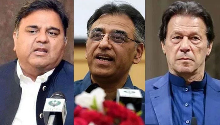 (From Left to Right) Fawad Chaudhry, Asad Umar and Imran Khan. Geo News/File