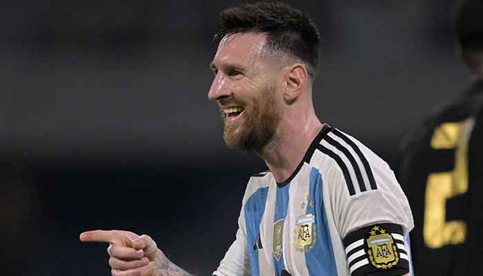 Argentina´s forward Lionel Messi celebrates scoring against Curacao during the friendly football match between Argentina and Curacao at the Madre de Ciudades stadium in Santiago del Estero, in northern Argentina, on March 28, 2023. — AFP
