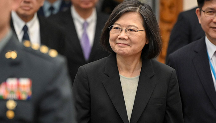 Taiwan President Tsai Ing-wen arrives at the boarding gate of the international airport in Taoyuan on March 29, 2023.—AFP