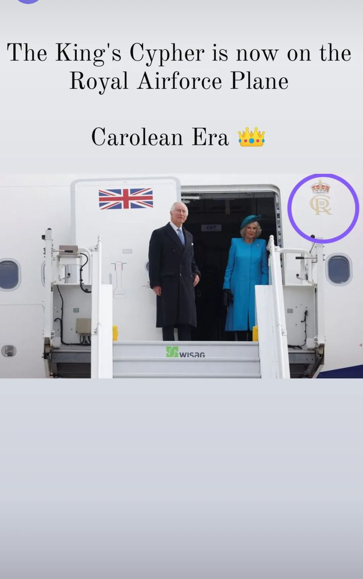 Carolean Era: Kings Cypher seen on Royal Air Force plane as Charles lands in Germany