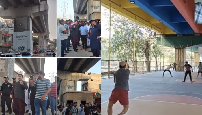 A collage of pictures shared by North Nazimabad Assistant Commissioner Hazim Bangwar and a screengrab of a video showing a sports court under an overhead bridge. —Twitter