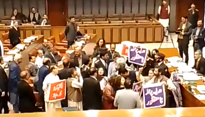 PTI senators protesting against the judiciary-related legislation during a Senate session in Islamabad, on March 30, 2023, in this still taken from a video. — Twitter/@PTIofficial