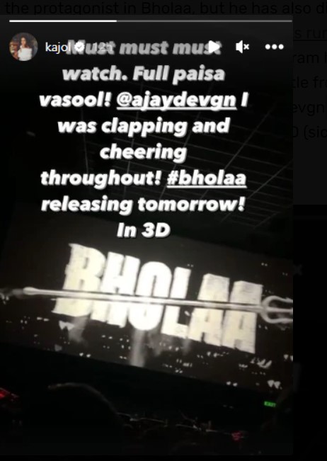 Kajol claps and cheers while watching Ajay Devgns Bholaa