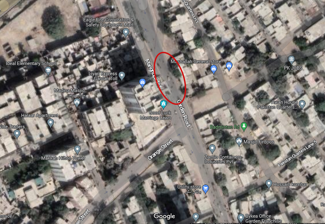 وہ علاقہ جہاں 30 مارچ 2023 کو کراچی میں ڈاکٹر بیربل گینانی کو گولی مار کر ہلاک کیا گیا تھا۔ - گوگل میپس